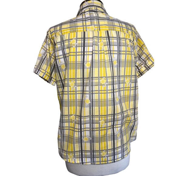 Adrian Delafield blouse L/XL Yellow gray plaid flowers short sleeve pocket colla - Picture 10 of 15